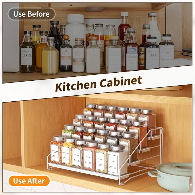 BOIVSHI Tiered Spice Rack, 4 Tier Spice Shelf Organizer for Cabinet, Spice Rack Organizer, Depth Adjustable Seasoning Rack Organizer for Cabinet, Countertop, Pantry, Metal, White (1 Pack)