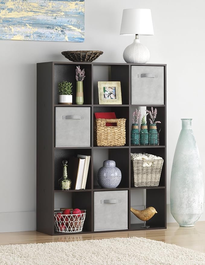 Whitmor 12 Cube Storage Organizer, 4 Tier Stackable Mdf Wood Bookcase, Open Storage Display Bookshelf, Storage Cabinet for Living Room, Bedroom, Home, Office, 35.1"L x 11.7"W x 47.5"H, Espresso