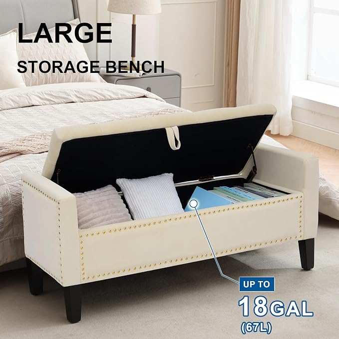 Storage Ottoman Bench, Velvet Upholstered Footstool, Beige | Frosted Flannel Seat with Storage, Wooden Legs & Metal Rivets, For Bedroom and Living Room