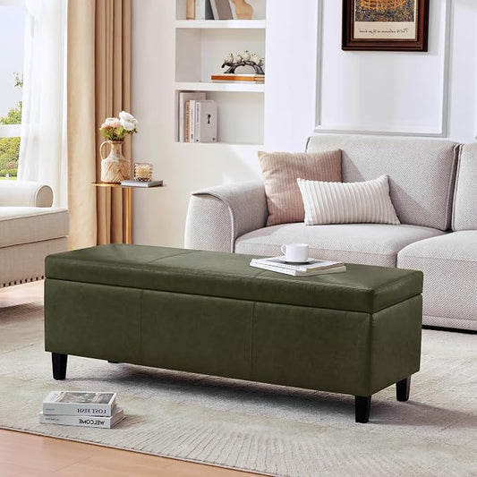 Storage Ottoman Bench 50.3" Faux Leather Upholstered End of Bed Bench,Green | Hidden Storage Accent Ottoman for Living Room, Bedroom, Entryway, Safety Hinges, Load up to 300lb
