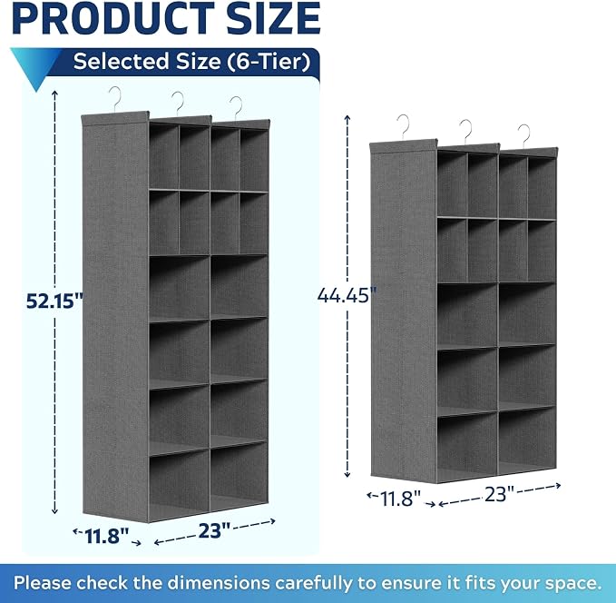 6 Tier Hanging Closet Organizer, 16 Compartments Dual Row Storage, Grey | Closet Organizers and Storage with Large & Small Pockets, 3 Sturdy Hooks Support Heavy Loads, Ideal for Dorm, Garment Rack