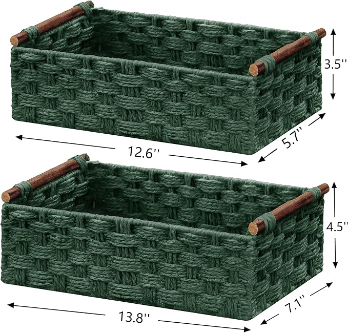Vagusicc Wicker Storage Basket, Set of 2 Hand-Woven Paper Rope Wicker Basket for Organizing with Handle Decorative Storage Bins for Counter Pantry Shelves Toilet Paper Basket for Toilet Tank Top,Green
