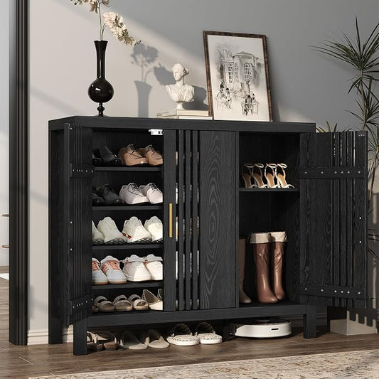 UNIQUITE Wooden Shoes Cabinet with 3 Doors and Adjustable Shelves, Retro Freestanding Shoe Organizer Cabinet for Entryway Hallway Living Room, 5-Tier Shoe Cabinet for 30 Pairs, Black