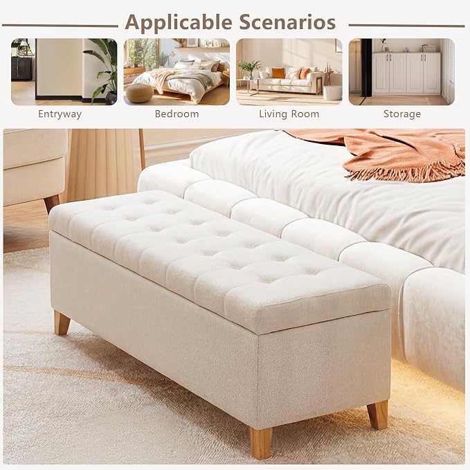 Joveco Storage Ottoman Bench, 51" Linen Rectangle Long Bench, for Bedroom, End Foot of Bed, Living Room, Entryway, Beige
