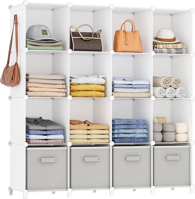 HOMIDEC Closet Organizers and Storage, 16 Cube Storage Organizer, White | Portable Closet Organizer System Bookshelf Storage Cubes Shelves for Bedroom, Kids Room, Bathroom, Wardrobe, Clothes Rack