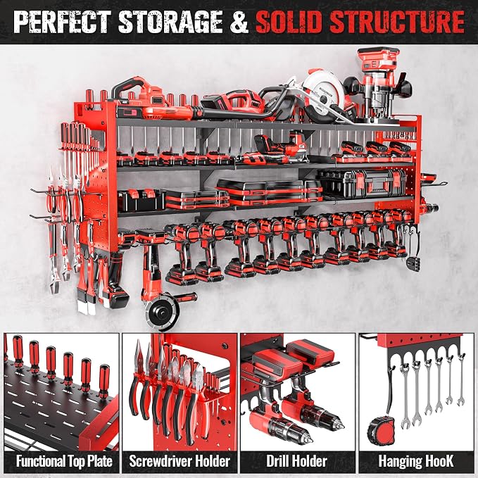 49.8" Power Tool Organizer Wall Mount,Holds 14 Cordless Drills | Large 4-Tier Tool Storage Rack, Heavy Duty 450 lb Load Capacity for Garage Workshop, Black, Gift for Men