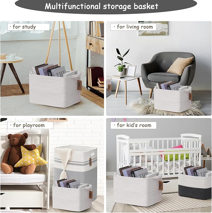 COMFY-HOMI 3PACK Cotton Rope Square Basket with Handles for Shelves| Storage|Baby Basket for GIF|Shoe Basket for Organizing|New13.5" x 11" x 9.5" for Living Room
