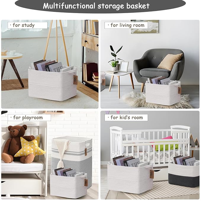 COMFY-HOMI Cotton Rope Woven Basket with Handles for Shelves,Toys,Book, Cloth Storage Baskets Bin for Organizing- 1 PCSToy Decorative Organizer for Living Room, Bathroom