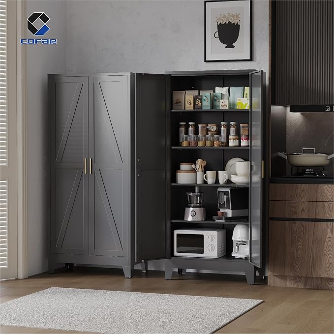 COFaR 71'' Tall Metal Storage Cabinet, Farmhouse Kitchen Pantry Cabinet with Doors and 4 Adjustable Shelves, Black Metal Cabinets for Garage, Kitchen, Bathroom, Laundry, 5-Tier