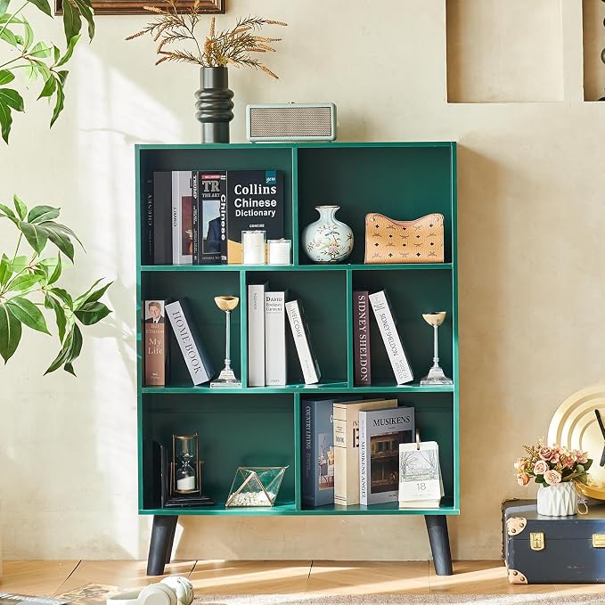 LEYAOYAO Cube Bookshelf, Mid-Century Modern Book Shelf with Legs,Dark Green | 3 Tier Bookcase, Rustic Wood Bookshelves Freestanding Small Storage Organizer, Open Shelves for Bedroom, Living Room, Office