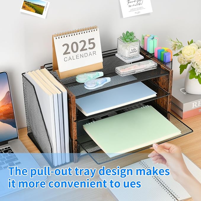 OPNICE Desk Organizer, 4-Tier Desktop File Organizer with Drawer and Pen Holders, Office Desk Accessories, File Sorters, Workspace Organizers for Office Supplies(Brown Wood)
