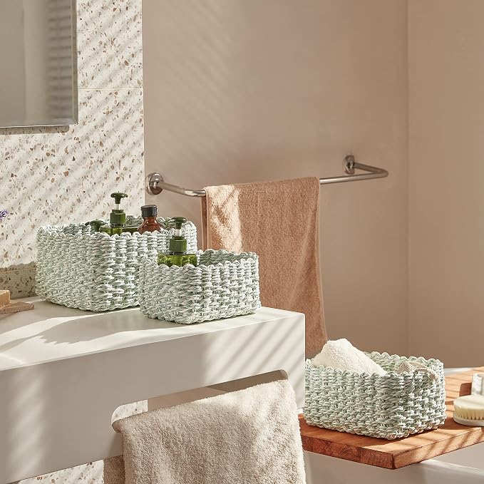 LA JOLIE MUSE Paper Rope Storage Baskets for Organizing, Recycled Wicker Storage Basket Container Bins for Shelves Cupboards Drawer, Small Woven Basket Set of 3 (Green White)