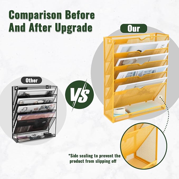 EASEPRES 6 Tier Mesh Hanging Wall File Organizer, Desk Vertical Mail Paper Document Folder Holder Rack with Bottom Tray and Nametag Label for Office Home School, Yellow