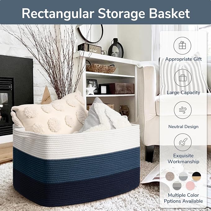 Goodpick Large Woven Rope Blanket Basket, Rectangle Storaget, Light Blue | 21.6 x 14.9 x 11.8 in, Reinforced Handles, Living Room, Bedroom & Nursery Organization, Toys, Books & Blanket Storage