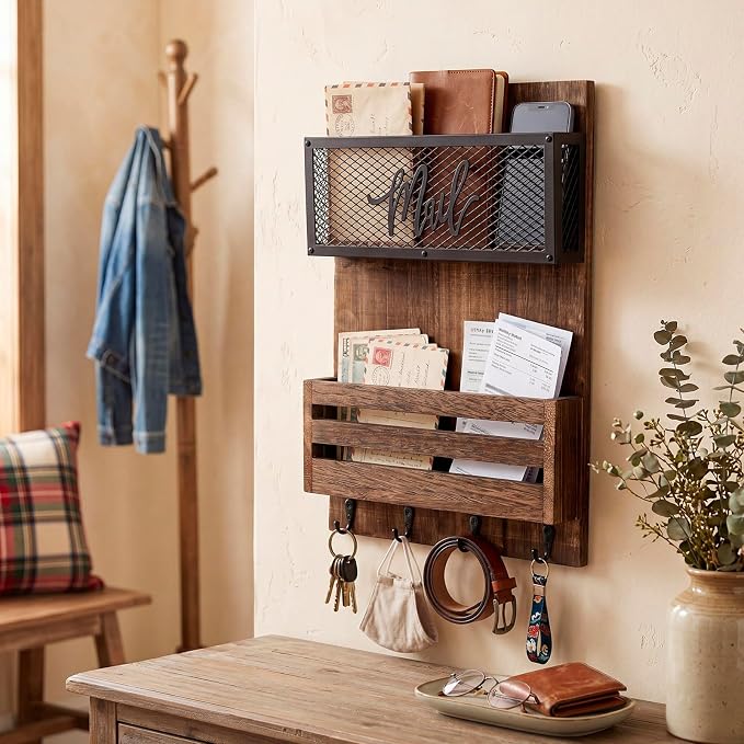 Yalikop Mail Organizer Wall Mount with Key Hooks, 2-Slot Wood Mail and Key Holder, Rustic Farmhouse Wall File for Entryway, Letter and Bill Sorter Organizer for Files, Keys and Magazines