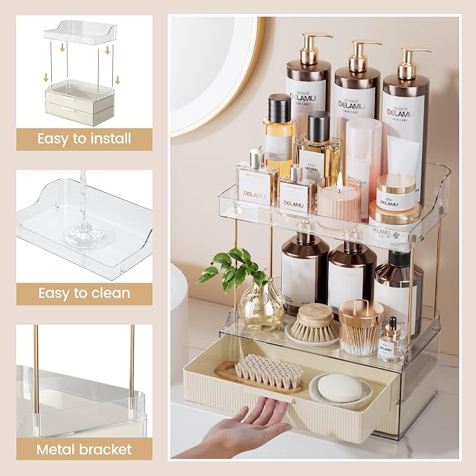 Delamu 4-Tier Makeup Organizer, Bathroom Counter, 2 Drawers,Cream White | Elegant Vanity Organizer Gift for Women, Holds Perfume, Skincare, Nail Polish & Hair Accessories for Bathroom Countertop