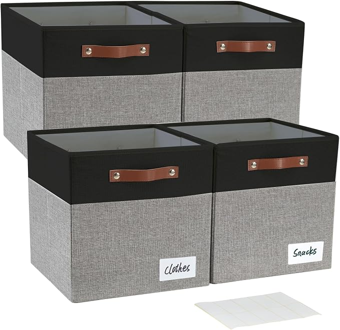 Bagnizer Collapsible Fabric Storage Cube Bins with 2 Reinforced PU Handles, Foldable Storage Organizer Baskets for Closet, Shelves, Living Room | 13"x13"x13", 4 Pack, Black & Gray