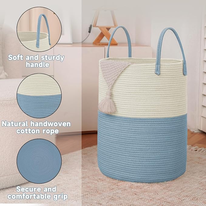 JMvicyroam 100L Cotton Rope Laundry Basket Hamper, White and Blue | Collapsible laundry basket, reinforced handles, freestanding, machine washable, holds 3-5 thick blankets, clothes or toys