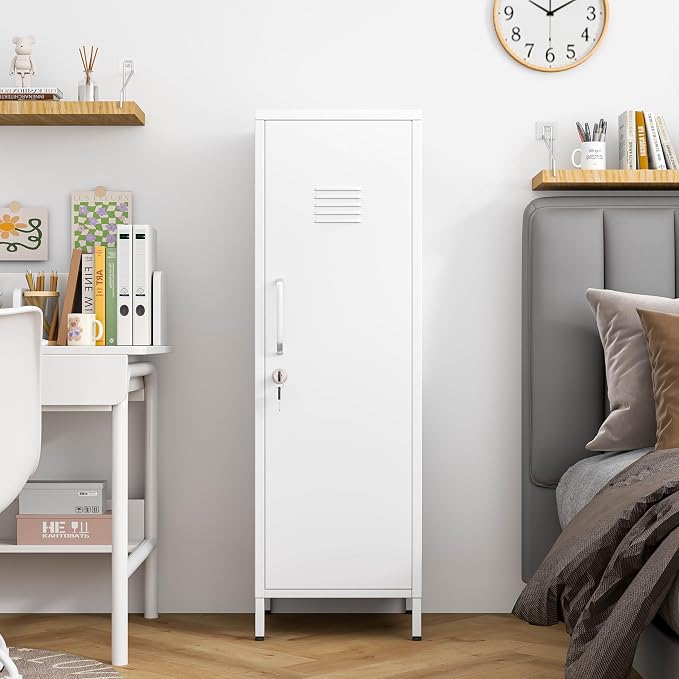 PAOFIN 47" Metal Storage Locker, Lockable Employees Metal Locker with Door and Adjustable Shelves, Steel Locker for Home, School, Office, Gym (White)