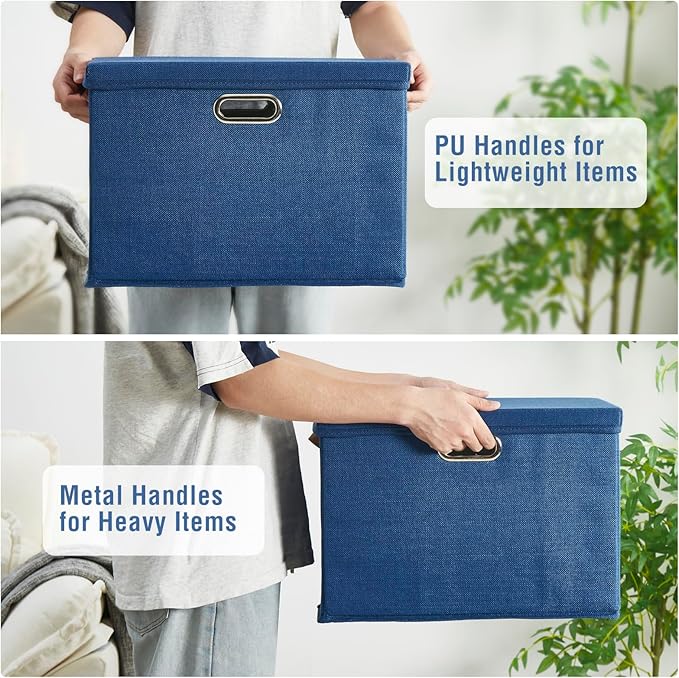 15" Large Collapsible Storage Bins with Lids, Stackable Closet Organizers with PU Handle and Labels, 3-Pack Decorative Fabric Storage Boxes for Home, Bedroom, Closet, Office, Nursery(Navy)