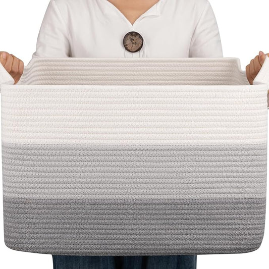OIAHOMY Cotton Rope Basket, Rectangle Woven Baskets for Storage, Nursery Blanket Storage Living Room, Toy Basket With Handle-17.7”x13.8”x11”-Gradient Grey