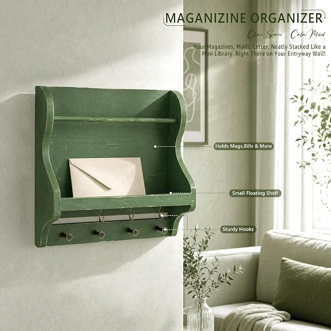 Pine Wood Mail Organizer Wall Mount with 7 Key Hooks for Room Decor, Green | Mail Holder for Wall, Key Hanger for Sunglasses and Wallets, Mail, Farmhouse Magazine Holder, Home Organization, Wood Decor