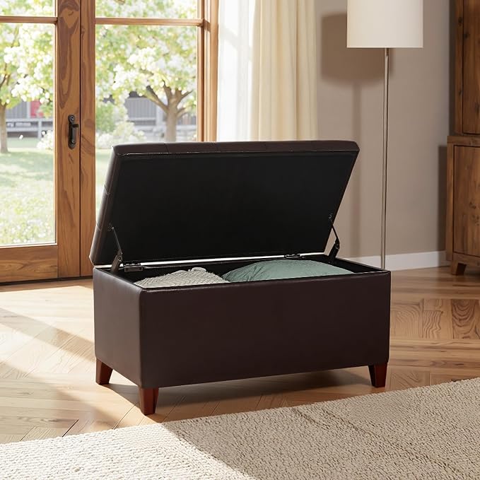 Joveco Storage Ottoman Bench, 33 Inches Faux Leather Rectangle Tufted Foot Stool for End Foot of Bed, Bedroom, Living Room, Brown