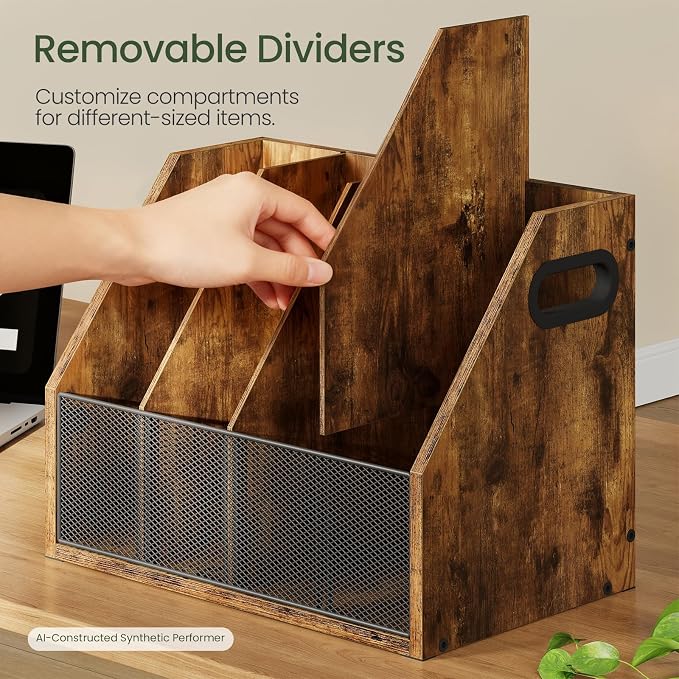 Wooden Desktop File Organizer with Removable Dividers, Mesh Front Panel for Paper, Mail, Magazine, Home Office Desk Storage, Easy Assembly, Rustic Brown MWJ06FG