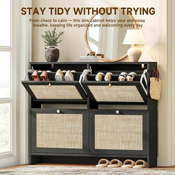 Nicetree Shoe Cabinet Storage for Entryway, 4-Flip Drawer Narrow Shoe Rack, Organic Modern Rattan Shoe Organizer, Shoe Organizer Fits Men's Size 13.5, Midnight Charcoal