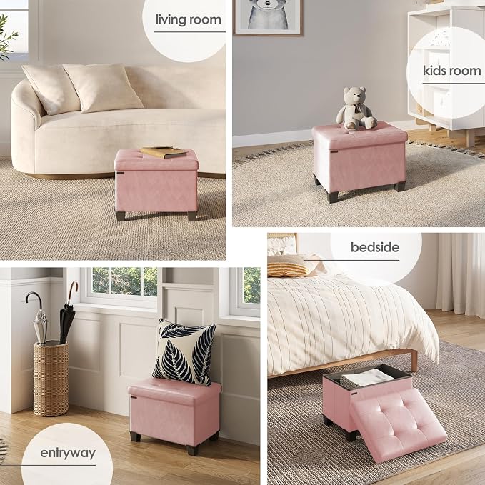 Storage Ottoman Cube with Small Bin, 16-in Square Ottoman with Storage for Living Room and Bedroom, Small Ottomans Foot Rest, Leather Foot Stools Ottomans Max 330lbs, Pink