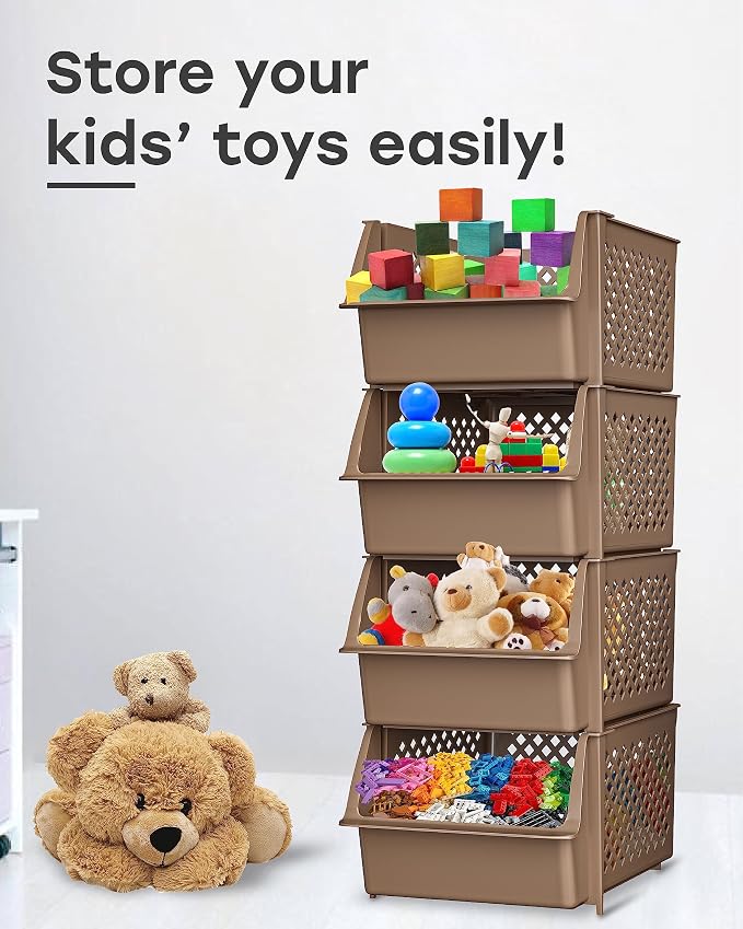 TidyFriend Plastic Stackable Storage Bins for Pantry, 4 Pack Stackable Bins For Organizing Food, Kitchen, and Bathroom Essentials (Brown) | Sturdy Plastic, Easy Stacking, Open Front Access, Ventilated Sides, Vertical & Space Saving Pantry Organizers an...