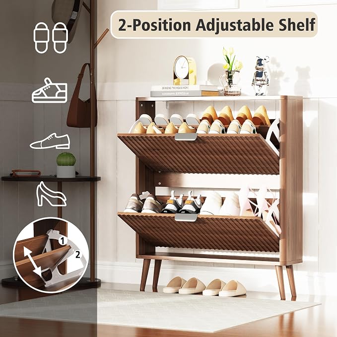 KIGOTY Narrow Shoe Storage Cabinet, Shoe Cabinet with 2 Flip Drawers, Freestanding Shoe Organizer with Legs for Entryway, Slim Shoe Rack Cabinet for Enterway (Walnut, 2 Flip Drawer)