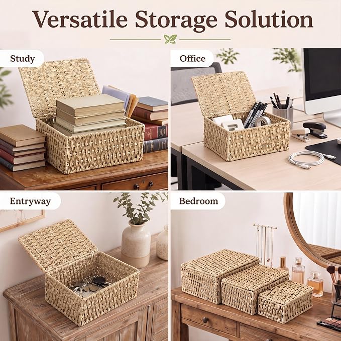 3 Pack Wicker Storage Baskets with Lid, Decorative Woven Organizer Boxes, Shelf Stackable Container Bin, 3 Size Boho Home Decor for Bedroom Living Room Organization (10.2", 8.6", 7")