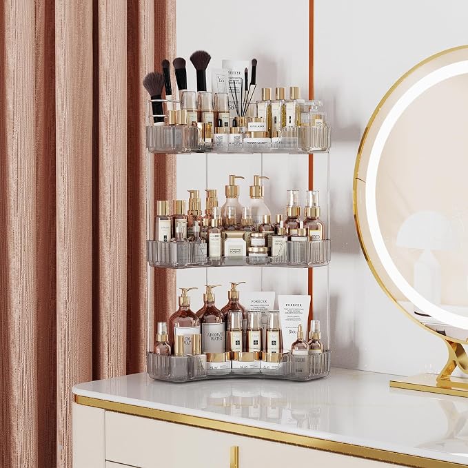 Asayuee 3-Tier Corner Bathroom Counter Organizer with Top Toothbrush Holders,Large Makeup Organizer Countertop with Brush Holder,Skincare Organizers Corner,Exquisite Vanity Organizer (Gray, 3 Tier)