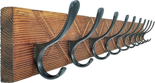 SKOLOO Coat Rack Wall Mount - Antique Wooden Carved- X Cross Coat Hook, Wall Coat Hanger with 10 Hooks for Hanging Coats, Hats, Clothing, Scarfs, Brown & Black