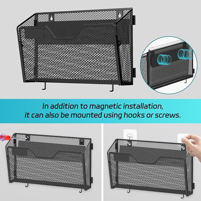 SUPEASY 3-Pack Magnetic File Holder with Hooks and Label Panels, Black | Magnetic File Folder Holder for Whiteboards, Lockers and Cabinets with 3 Letter-Size Pockets, Label Panels and 8 Hooks