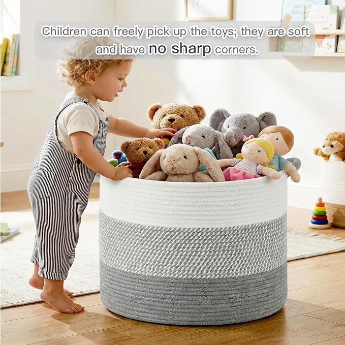 Artfeel 100L Large Cotton Rope Basket, Decorative Woven Blanket Storage for Living Room, Boho Toy Storage & Toy Box for Kids, Versatile Laundry Basket & Nursery Hamper for Blankets(Grey)