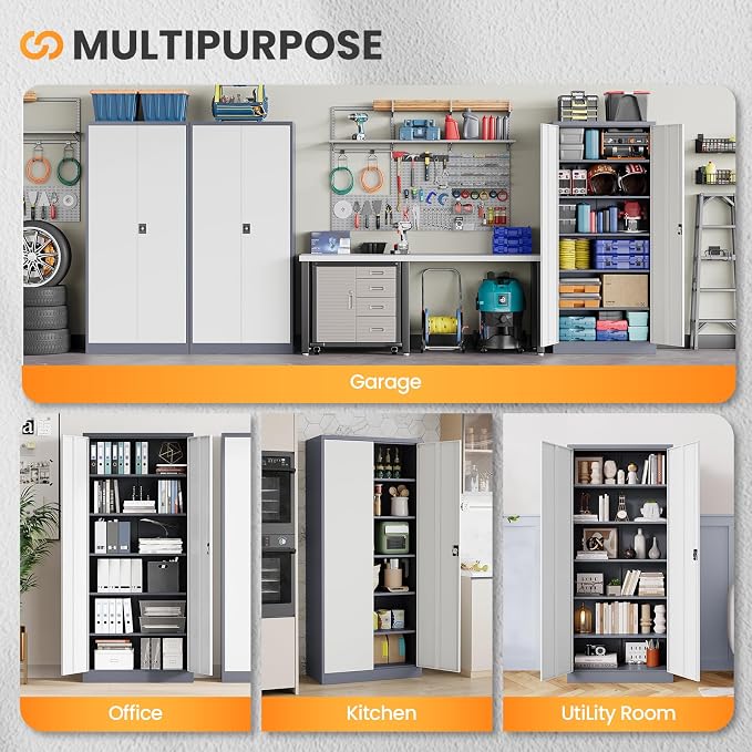 Metal Garage Storage Cabinets with Lock, 71" Tall Tool Cabinet with 2 Door and 5 Adjustable Shelves, Locking Garage Cabinets and Lockable Steel Locker for Home Office Warehouse-(Gray White-71”H)