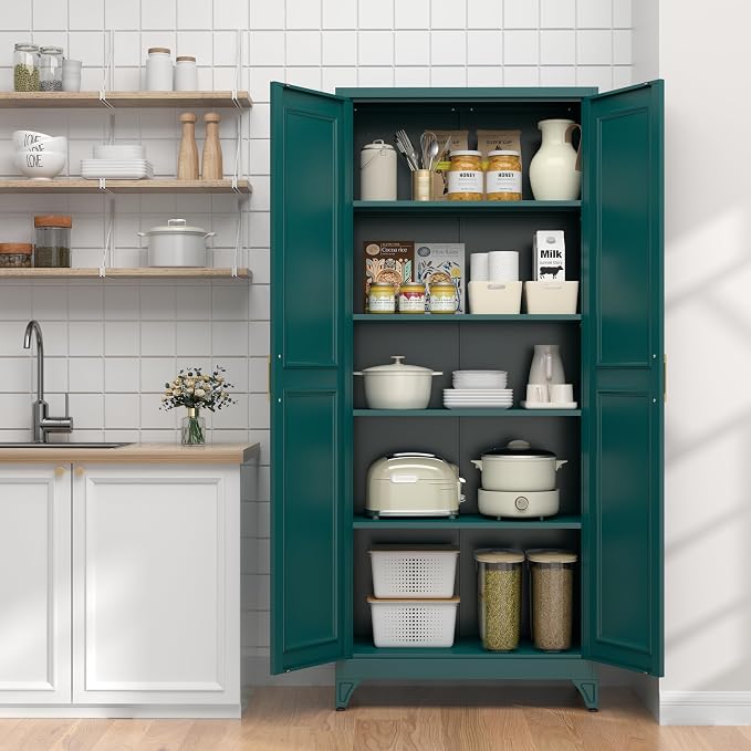 UNICOLY 75" Kitchen Pantry Cabinet, Metal Tall Storage Cabinet with Doors | Kitchen Storage Cabinets with 4 Shelves,Pantry Storage for Kitchens, Living Room, Dinning Room, Assembly Required, Green