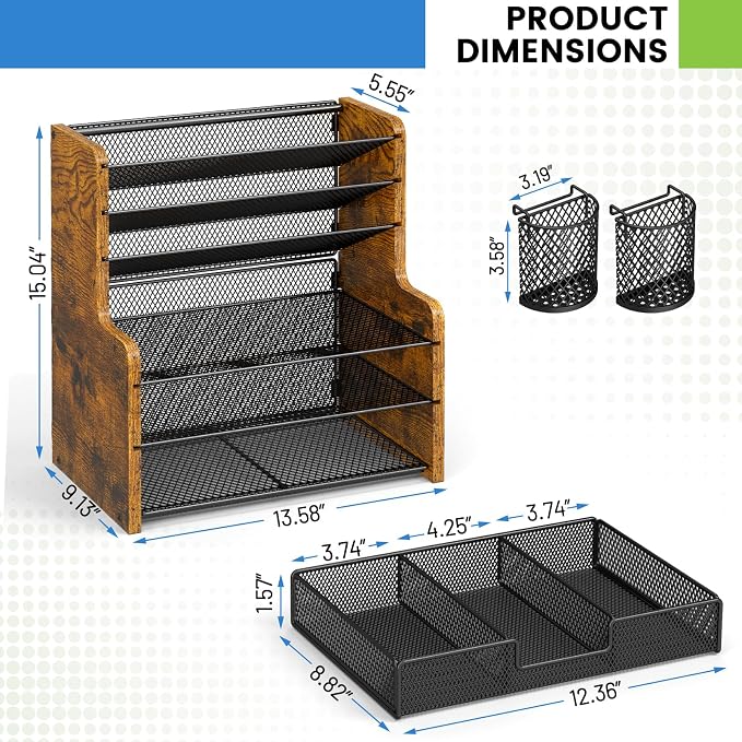 DAOUTIME 6-Tier Mesh Desk Organizer with Drawer, Wooden Office Organizer for Papers, Folders & Office Supplies - Sturdy Desktop File Holder with 2 Pen Holders - Space Saving Home Office Accessories