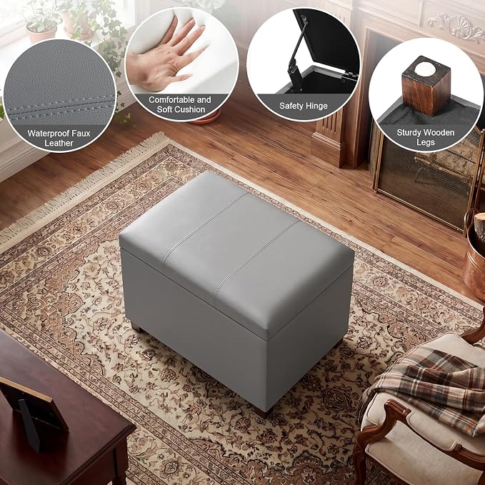 24" Leather Storage Ottoman Bench, Rectangle Foot Rest Stool for Living Room, Bedroom, Entryway, Grey