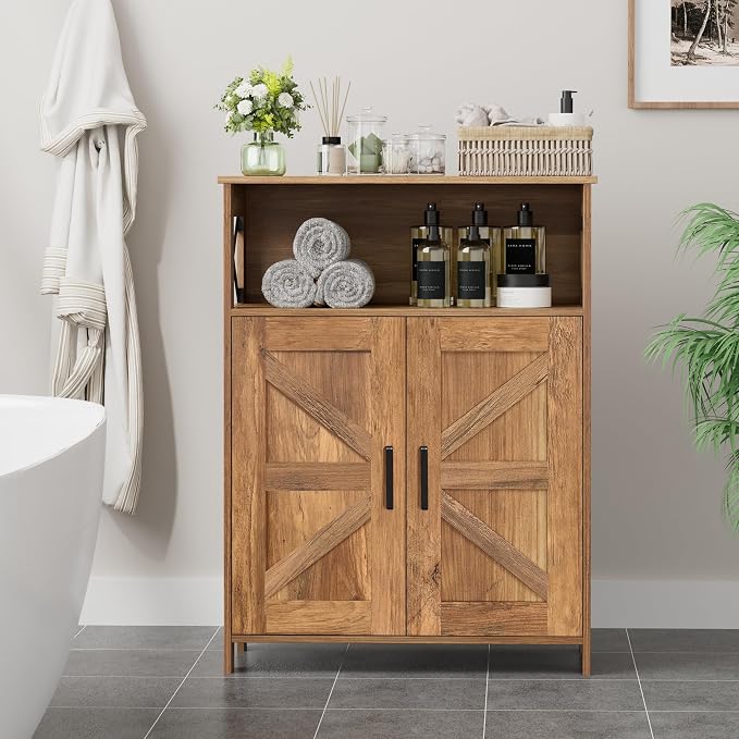 Homhedy Farmhouse Bathroom Storage Cabinet with Doors, Small Floor Cabinet | Toilet Paper Cabinet with Adjustable Shelf, Freestanding Storage Cabinet for Kitchen/Laundry/Living Room, 24"W, Rustic Walnut