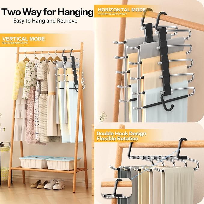 Pants Hangers Space Saving - 2 Pack Closet Organizer and Storage Jean Hangers, Stainless Steel Anti-Slip Clothes Hanger Scarf Holder for Pants Jeans Leggings Trousers Pant Rack, Black