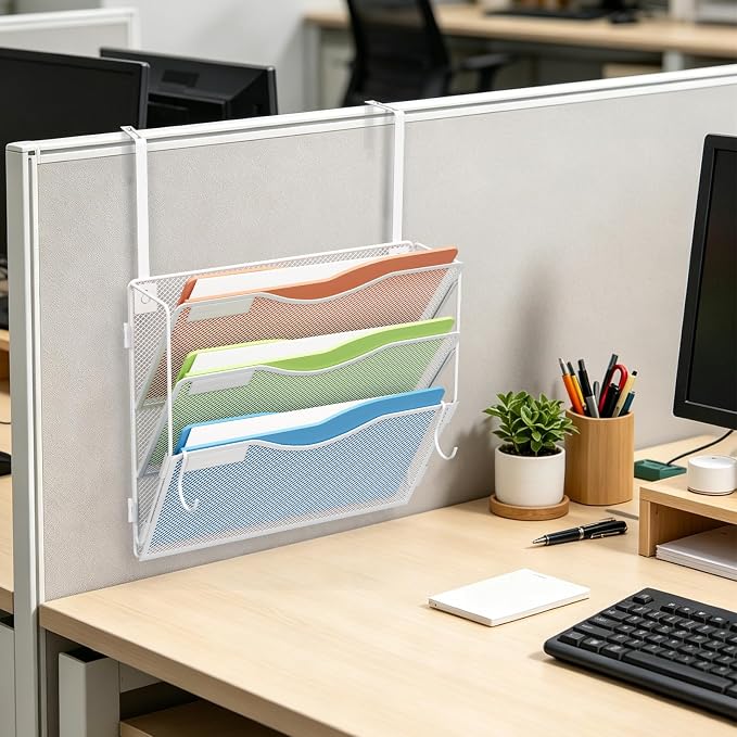 BOHDK Wall File Organizer, Hanging File Folder Organizer, Vertical Mesh Metal Door/Wall Mount Hanging File Holder. Paper Document Magazine Rack with Hooks for Home Office Black (3 Pockets White)
