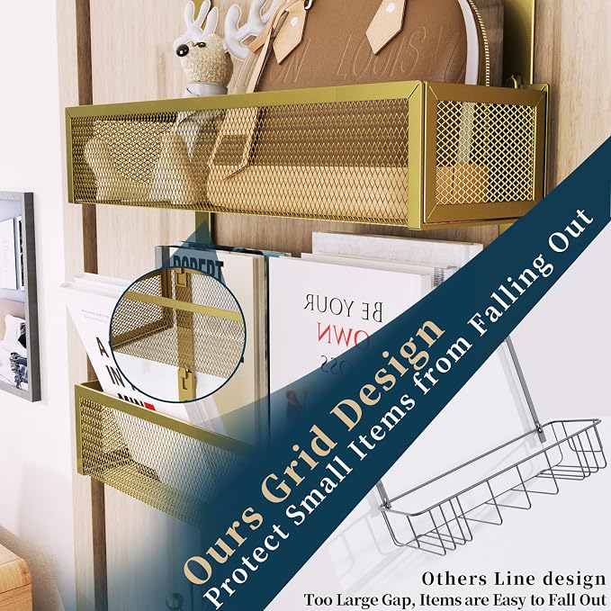 Consumest Over The Door Hooks Organizer - 3 Tier Door Hanger with 9 Coat Hooks & 2 Mesh Basket, Back Storage Organizer Hanging Towels for Bathroom, Bedroom, Gold