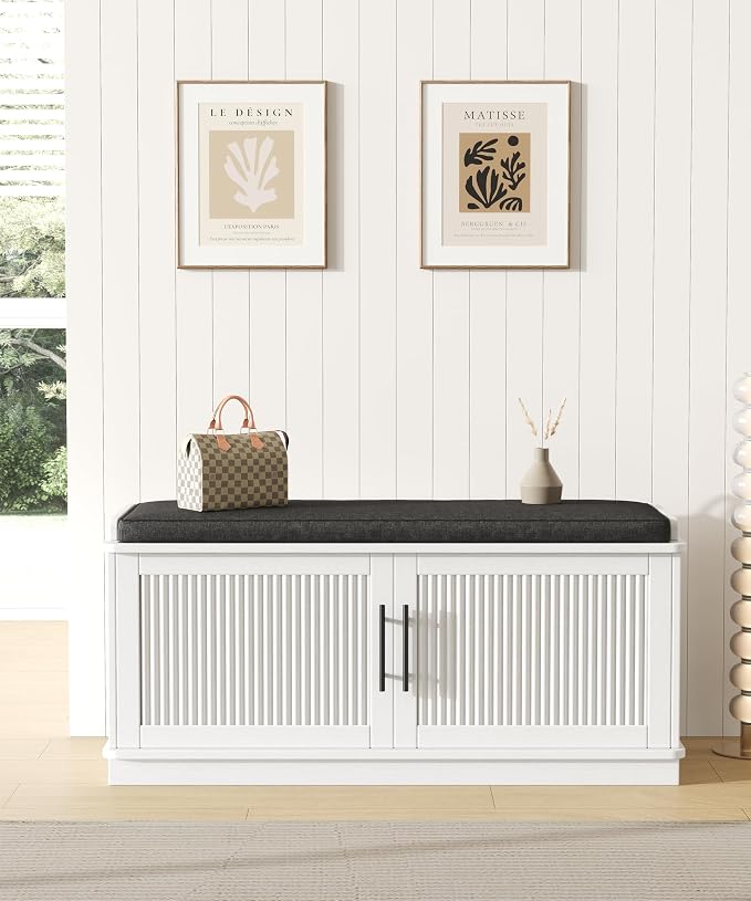 Akxomel 39.4" Fluted Shoe Storage Bench 2 Doors Wooden Entryway Bench White | 2 Tier Shoe Bench with Padded Cushion, Adjustable Shelves and 2 Doors, Curved Profile, for Hallway, Living Room, Bedroom