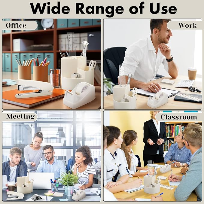 Beige Desk Accessories Office Supplies Set, 12 Pcs | 360° Rotating Pen Holder, Stapler, Tape Dispenser, Scissor, Sticky Notes, Binder Clips, Desk Organizers Gift for School