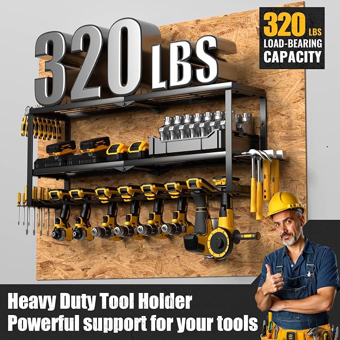 Heavy Duty Power Tool Organizer Wall Mount, Metal Tool Storage Rack Loads 320lbs, 8 Cordless Drill Holder 3 Layer for Garage, Workshop, Tool Room, Gift for Men