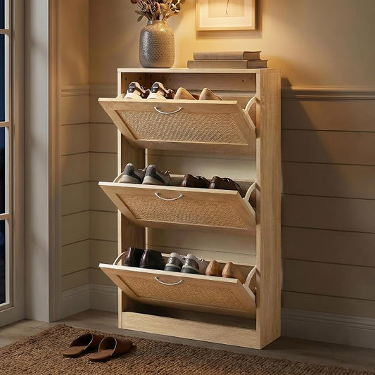 HOPUBUY Shoe Cabinet for Entryway, Narrow Shoe Storage with 3 Flip Drawers | Wood Slim Shoe Rack, 3 Tier Thin Shoe Organizer for Home and Apartment,Nature Rattan