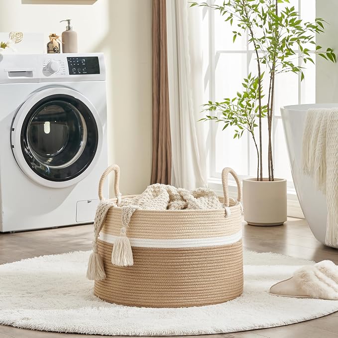 KAKAMAY Large Blanket Basket with Handles, Storage Basket for Living Room | Extra Large Capacity | Natural Cotton Rope | Blanket Storage | Woven Storage Basket | Stuffed Animal Storage | Laundry Basket